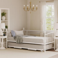 Daybed with Trundle, Sturdy Metal Twin Size Day Bed with Stylish Headboard, Height Adjustable Trundle Bed Twin, Heavy Duty Steel Slats Platform for Li by Ivy Bronx