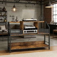 Vinyl Record Storage Shelf With Removable Dividers, 2-Tier Record Player Stand Holds Up To 400 Albums, Industrial Style Media Console For Turntable An by 17 Stories