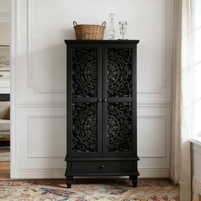 Rustic Storage Cabinet with Drawer Carved Wood Accent Solid Legs