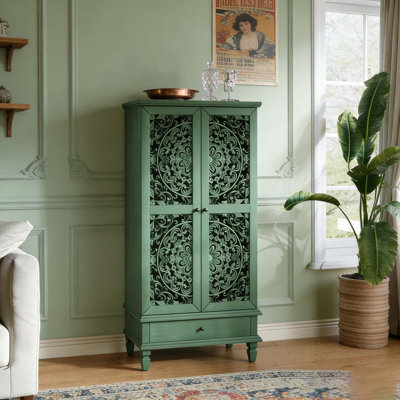 Rustic Storage Cabinet with Drawer Carved Wood Accent Solid Legs