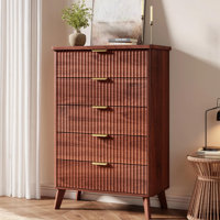 Modern 5 Drawer Dresser, Tall Fluted Chest with Gold Handle, Curved Profile, Bedroom Storage Cabinet for Living Room, Hallway by Ebern Designs