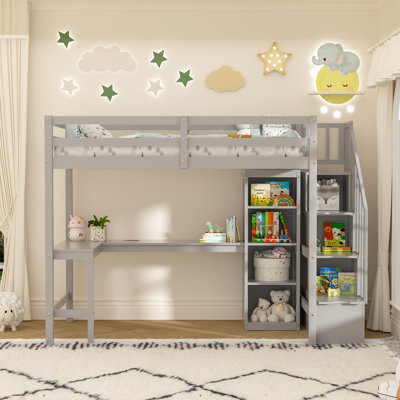 Twin Loft Bed With L-shaped Desk & Led Lights & Charging Station, Solid Wood Loft Bed Frame With Storage And Stairs For Kids, White by Harriet Bee
