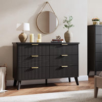 Modern 6 Drawer Dresser, Wide Fluted Wood Chest with Gold Handle, Curved Design, Sturdy Storage Cabinet for Bedroom, Living Room by Ebern Designs