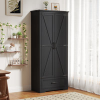 Farmhouse 72" Tall Kitchen Pantry Cabinet - Large Wood Kitchen Storage Cabinets With Adjustable Shelves & 2 Barn Doors & Drawer by Ophelia & Co.