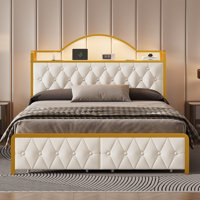 Metal Platform Bed with Stylish Headboard,Charging Station, 2 removable Drawers, LED lights, Easy Assembly