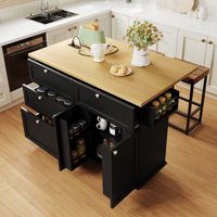 Farmhouse Kitchen Island Set With Drop Leaf And 2 Seatings,Dining Table Set With Storage Cabinet, Drawers And Towel Rack by Ophelia & Co.