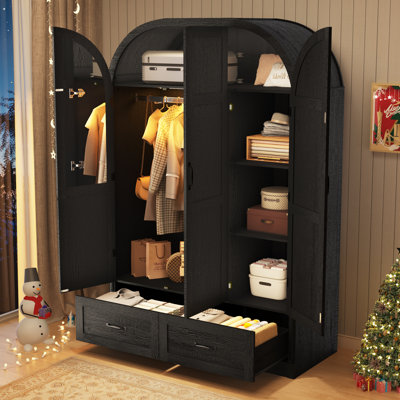 3 Doors Armoire Wardrobe Closet With Mirror & Lights, 71" Farmhouse Arched Wood Wardrobe Cabinet With 2 Drawers, Hanging Rod, Modern Clothing Storage by Wrought Studio