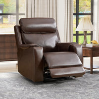 35.83" W Classic Top Genuine Leather Power Recliner Chair With Adjustable Headrest, USB Charging & Wireless Charging by Latitude Run