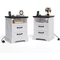 Best Seller,Nightstand with Charging Station, Farmhouse Bedside Table with 2 Drawers and Open Shelf, White Finish, USB Ports and AC Outlets, 20" D x 1 by Ophelia & Co.