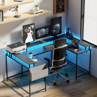U Shaped Desk with Power Outlets & LED Lights, 79" Extra Large Reversible Corner Office Desk, Monitor Stand & Storage Shelves, Corner Computer Table O by Inbox Zero