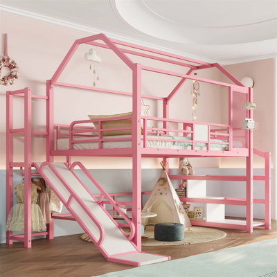 House Loft Bed With Slide, Stairs, And Storage Shelves, Metal Frame With House-Shaped Roof For Kids by 17 Stories