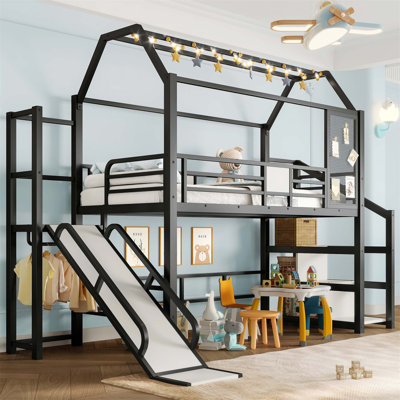 House Loft Bed With Slide, Stairs, And Storage Shelves, Metal Frame With House-Shaped Roof For Kids by 17 Stories
