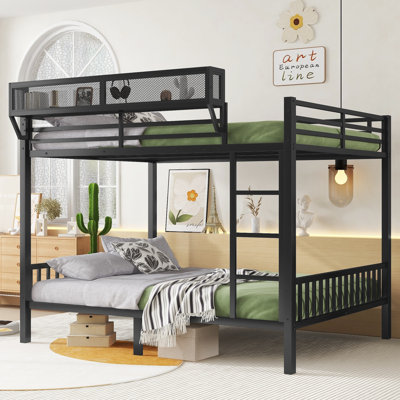 Queen Over Queen Metal Bunk Bed with Ladder, Guardrails, and Storage Shelf for Adults & Teens, Heavy-Duty, Black by Latitude Run