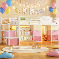 Kids Low Loft Bed with 9 Storage Drawers and 3 Tiers Bookshelf LED Under-bed Play House Harriet Bee by Harriet Bee