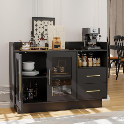 Wine Cabinet - Coffee Bar Station with LED Lights,High-Load-Bearing Capacity Liquor Cabinet with Drawers,Durable Double Glass Doors & Anti-Tipping Des