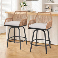 2-piece Twisted Rattan Patio Bar Stools Set With Cushions, Swivel Design by Dakota Fields