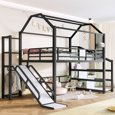 Full House Loft Bed with Slide & Stairs, Metal Playhouse Bed with Storage Shelves, Roof Design & Noise-Free Frame, Black by 17 Stories