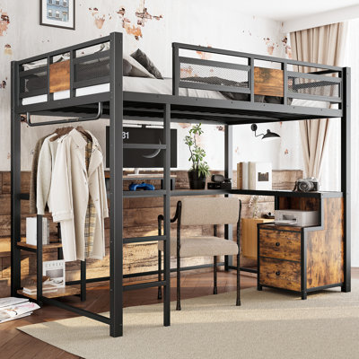 Queen Loft Bed with Desk and Storage, Metal Loft Bed Frame with Ladders, Noise-Free, No Box Spring Needed, Black by Ivy Bronx