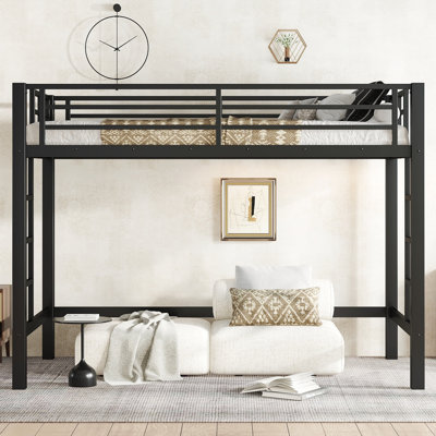 Full Size Metal Loft Bed with Ladder & Guardrails – Space-Saving, Sturdy Kids Bedroom Furniture , Black by Wrought Studio
