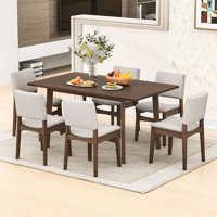 7Pcs Farmhouse Dining Set with Rectangular Table and 6 Upholstered Chairs for Space-Saving by Lark Manor