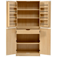 Tall Farmhouse Kitchen Pantry Cabinet With 8 Doors, Adjustable Shelves, Hidden Drawer, And Curved Design For Multi-Room Use.