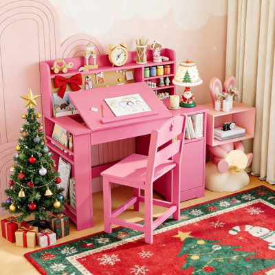 Kids Study Desk & Chair Set with Storage, Tiltable Wooden Desk with Hutch for Ages 3-8 by Harriet Bee