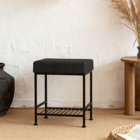 Black Square Leatherette Storage Stool - Sturdy Metal Frame With Lower Shelf For Dining, Closet & Living Room by Ebern Designs