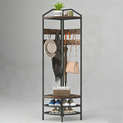 Industrial Corner Hall Tree With 8 Movable Hooks, Shoe Storage, And 2 Shelves For Space-Saving Entryway Organization. by Rebrilliant