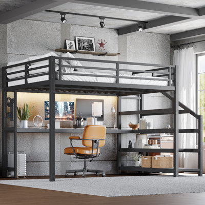 Queen Loft Bed with Desk & Storage Stairs, Metal Loft Bed with LED Lights, USB Ports, Noise-Free, Black by 17 Stories