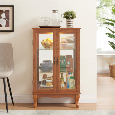 Curio Cabinet, American Retro Lighted Display with Tempered Glass Doors | Mirrored Back, Adjustable Shelves | Oak by Latitude Run