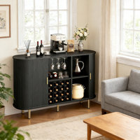 55" Modern Wine Bar Cabinet With Smooth Sliding Door & LED Lights, Coffee Bar Cabinet With Wine Rack And Glass Holder