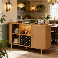 55" Modern Wine Bar Cabinet With Smooth Sliding Door & LED Lights, Coffee Bar Cabinet With Wine Rack And Glass Holder by Millwood Pines
