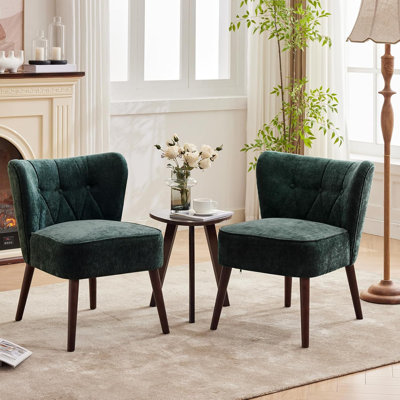 Mid-Century Modern Accent Chair, Upholstered Armless Lounge Chair with Tufted Fabric and Wood Legs, Comfortable Reading and Makeup Vanity Side Chair f