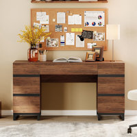 59" Modern Executive Desk With Drawers, Wood Computer Writing Desk With Charging Station, Office Desk For Bedroom, Living Room, Home Office by Alcott Hill