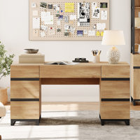 59" Modern Executive Desk With Drawers, Wood Computer Writing Desk With Charging Station, Office Desk For Bedroom, Living Room, Home Office by Alcott Hill