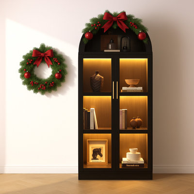 71” Arched Storage Curio Cabinet With Glass Doors, 3-Tier Led Display Cabinet For Collectibles by Ebern Designs