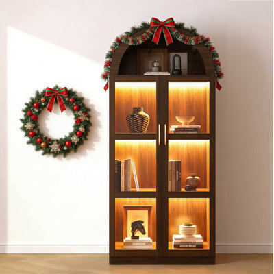 71” Arched Storage Curio Cabinet With Glass Doors, 3-Tier Led Display Cabinet For Collectibles by Ebern Designs