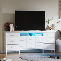 70 Inch Long Dresser with 13 Fabric Drawers and LED Lights, Wide Chest of Drawers TV Stand for 65-80 Inch TVs, Large Bedroom Storage with Power Outlet