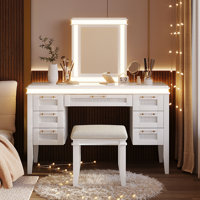 Vanity Desk With Mirror And LED Lights, 7-Drawer Makeup Station With Cushioned Stool And Hollow Design For Efficient Bedroom Organization. by Latitude Run