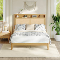 Rattan Bed Frame with LED Lights - Natural Rattan Headboard, Built-in Charging Area