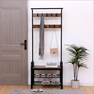 Coat Racks, 4-in-1 Rustic Hall Tree with Shoe Bench, 9 Hooks & Hanging Rod, 15x28x71 Inches | Brown | MDF+Metal by Latitude Run