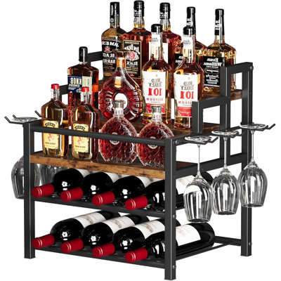5-Tier Liquor Bottle Display Shelf, Holds up to 20 Bottles, Countertop Wine Racks with 6 Wine Glass Holders by 17 Stories
