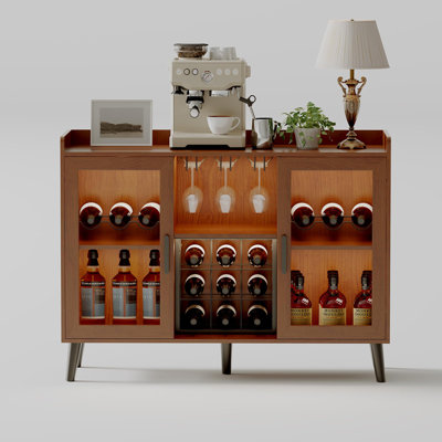 Modern Wine Bar Cabinet with LED Lighting, Glass Doors, Wine Racks, Glass Holders & Wood Coffee Bar Station