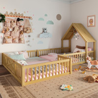 House Montessori Floor Bed Twin Size, Double Twin Floor Bed With Door, Fence And Roof, L-shaped Montessori Bed For Girls, Boys, Easy Assemble, Multi-f by Harriet Bee