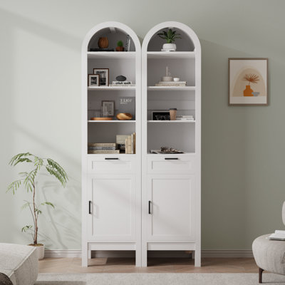 70" Arched Bookcase With Drawer And Cabinet, 6-tier Tall Bookshelf With Adjustable Shelf And Open Display Storage, Modern Wood Bookcase For Living Roo by Latitude Run