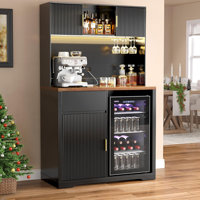 72" Tall Bar Cabinet with Fridge Space, Fluted Coffee Liquor Hutch Cabinet with Storage, Tall Home Bar with LED Light & Power Outlet for Kitchen Dini by 17 Stories