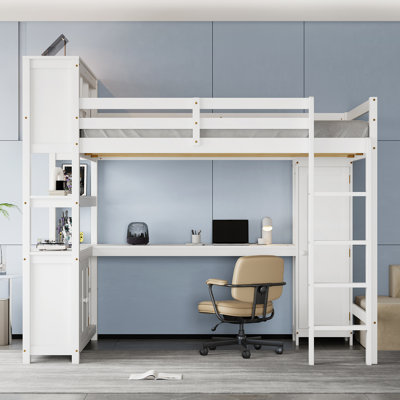 Queen Loft Bed With Desk And Cabinet, Solid Wood Loft Bed With Bookshelf And Wardrobe For Kids, Teens, Adults, Space-saving Design, Natural by Corrigan Studio