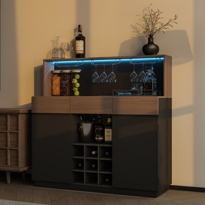 Modern Bar Caniet With Storage, Coffee Bar With Led Lights And Charging Station, Home Bar With Stemware Holders, Wine Racks For Dining Room, Living Ro