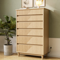 Fluted 6 Drawer Dresser for Bedroom with Charging Station, Wooden Modern Chest of Drawers for Living Room, Hallway, Walnut by Latitude Run