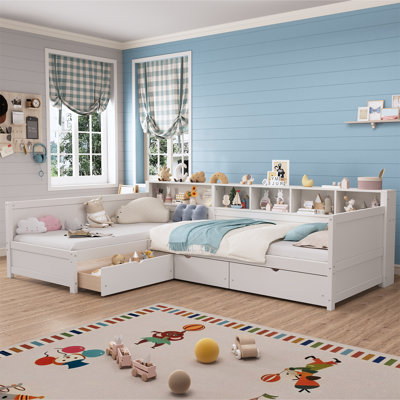 Twin Size Day Bed For 2 - L-Shape Bed Frame With 3 Storage Drawers And Bookshelf - Stylish Corner Bed Frame For Bedroom Or Living Room, Gray